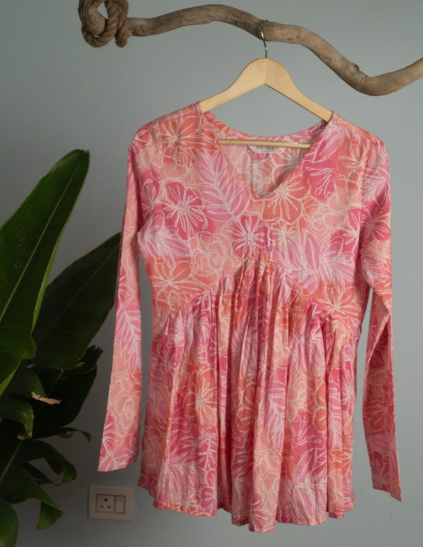 Women’s Pink Floral Printed Cotton Short Kurti | Casual Ethnic Top